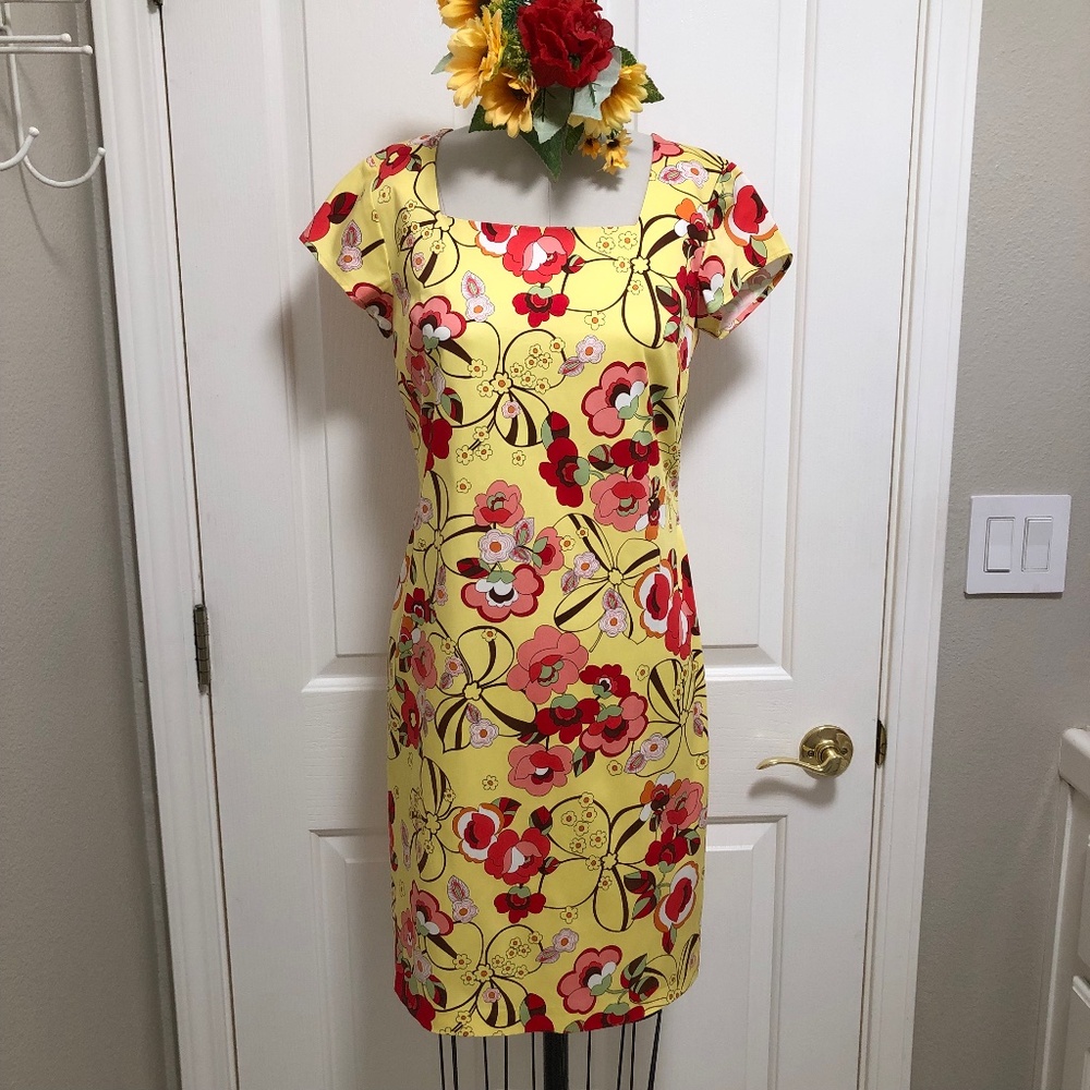 NWOT - Yellow & Red Multi Floral Cap-Sleeve Sheath Dress
